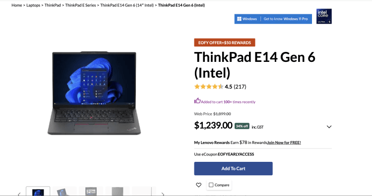Lenovo: ThinkPad E14 Gen 6 (Intel) – 34% Off – $1,239 + $50 Rewards